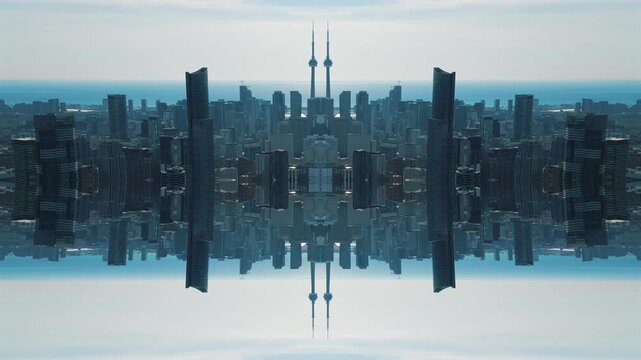 mirrored fractal skyline with symmetrical skyscrapers geometry, abstract urban Toronto city architecture pattern with futuristic kaleidoscope and reflection effect, technology background 4k