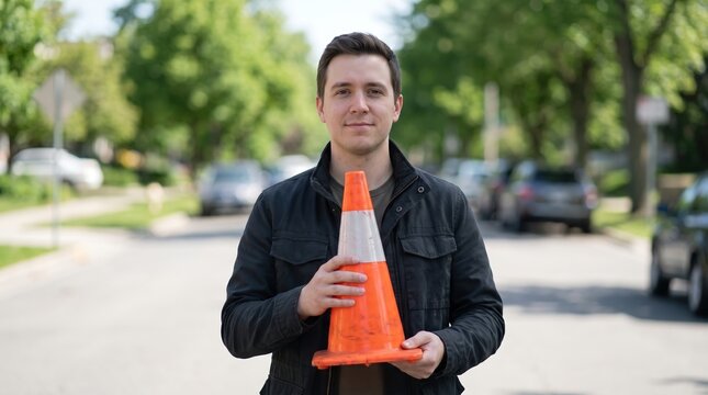 Young man poses with safety cone outdoors