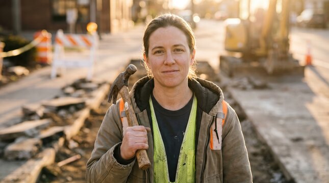 Confident Construction Worker Holding Hammer at Site