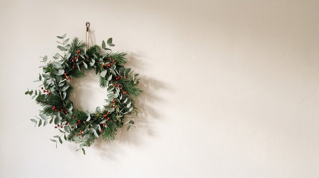 A festive Christmas wreath made of pine and eucalyptus, adorned with red berries, hanging on a plain wall