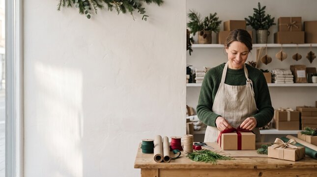 Woman wrapping a gift with red ribbon at a wooden table, surrounded by Christmas decorations and craft supplies. The scene is warm and festive, suggesting preparations for the holiday season
