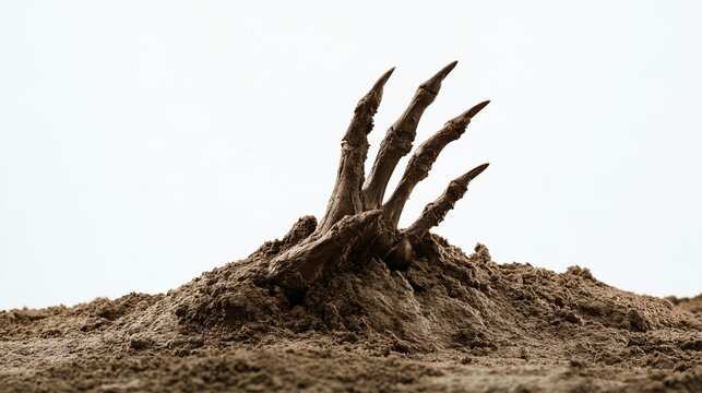 Halloween Holiday Theme. a hands claw on top of a mound of dirt. The claw is intricately detailed, with sharp, pointed tips and a rough texture. The color palette consists of earthy browns and grays.