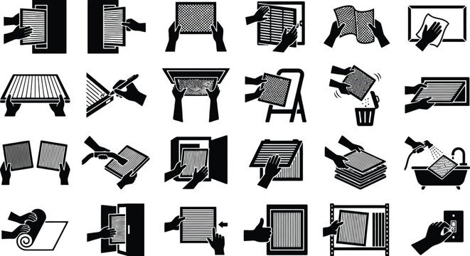 Device Screen Care Icons: A collection of minimalist icons illustrating various methods for cleaning and protecting electronic device screens, such as smartphones, tablets, and laptops.