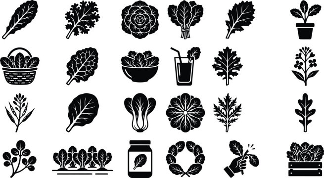 Various Leafy Green Vegetables and Plants: A collection of stylized black and white icons representing a diverse range of leafy green vegetables and plants, including lettuce, kale, cabbage.