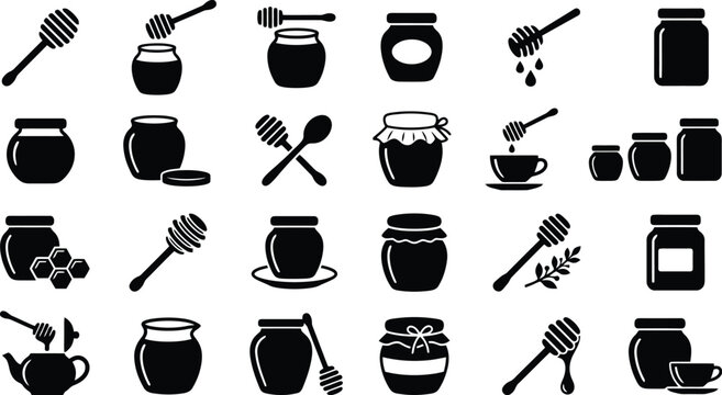 Collection of Honey Jars and Dippers: A graphic representation featuring various honey jars, dippers, and related elements, presented in a clean, black and white silhouette style.