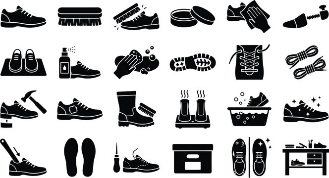Shoe Care Icons: A comprehensive collection of black and white icons illustrating various tools and steps for shoe care and maintenance.