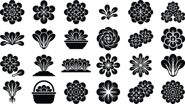 Black and white icons of plants and flowers