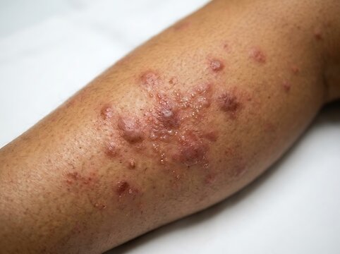 Close up shot of cluster of fluid filled blisters and painful rash on human leg skin caused by herpes zoster