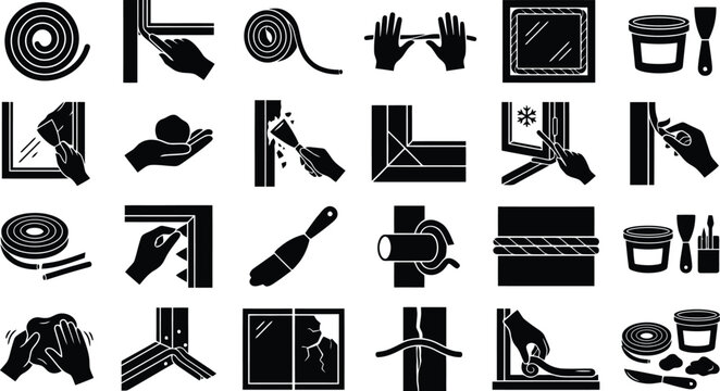 Installation and Repair Icons: A collection of minimalist black and white icons illustrating various tools and techniques for home insulation and repair, including sealant application.