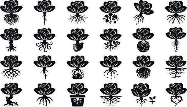 Botanical Illustration Set: A collection of black and white stylized illustrations showcasing various stages of plant growth, from delicate root systems to blooming flowers.