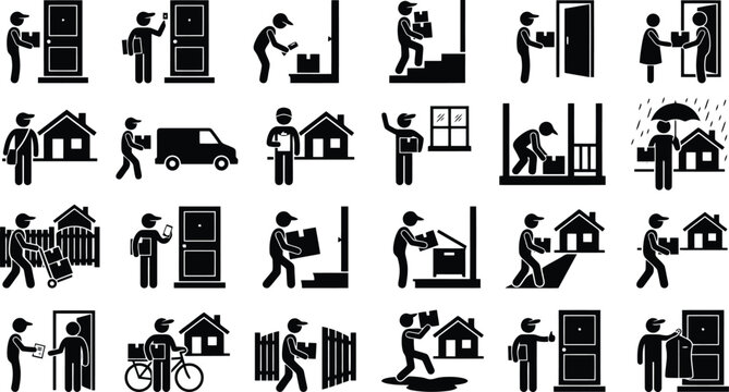 Delivery Service Icons: A compilation of black and white icons illustrating various aspects of delivery services, including parcel handoff, doorstep drop-off, and courier transportation.