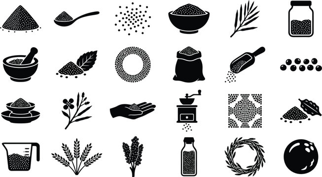 Spice Icons: A collection of monochrome vector icons representing various spices and their preparation, including herbs, seeds, and grinding tools.