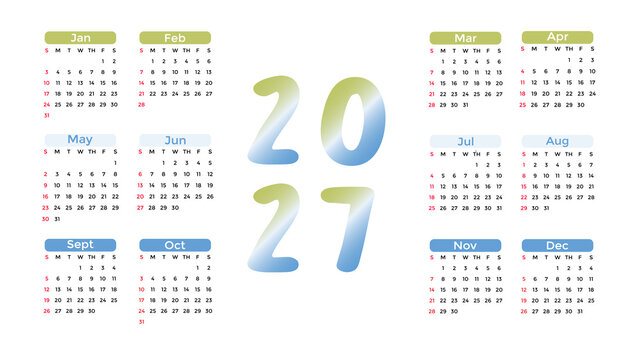2027 calendar with 3 colors, namely green, light blue and dark blue on a white background