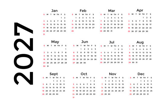 A basic, simple 2027 calendar in black on a white background, in a horizontal layout.