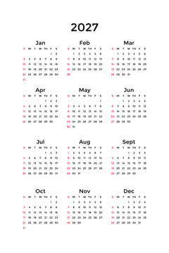 2027 calendar basic simple black color on white background with vertical position