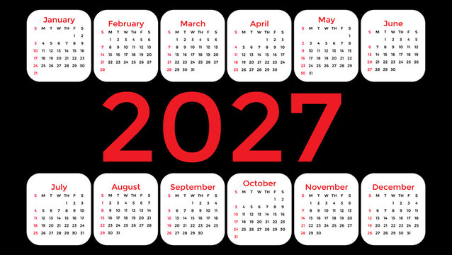 2027 calendar in red on a black background