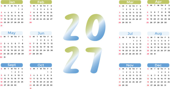 2027 calendar with 3 colors, namely green, light blue and dark blue on a white background.  A clean and modern 2027 calendar design featuring a well-organized annual layout with clear dates and a mini