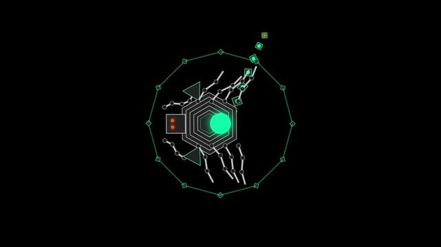 Minimalist digital creature simulation featuring geometric shapes and glowing energy orbs on black background