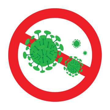 Red prohibition symbol over green virus particles, illustrating a ban on viruses, infection prevention, and disease control.