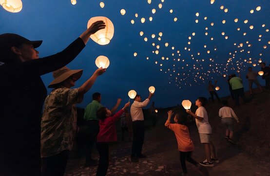People releasing glowing paper lanterns into the night sky