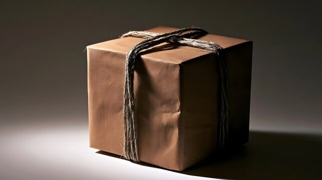 A simple brown paper wrapped box tied with rustic twine  illuminated by dramatic side lighting against a dark gradient background