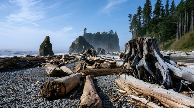 A rocky beach strewn with driftwood under a clear blue sky  with forested cliffs and sea stacks in the distance