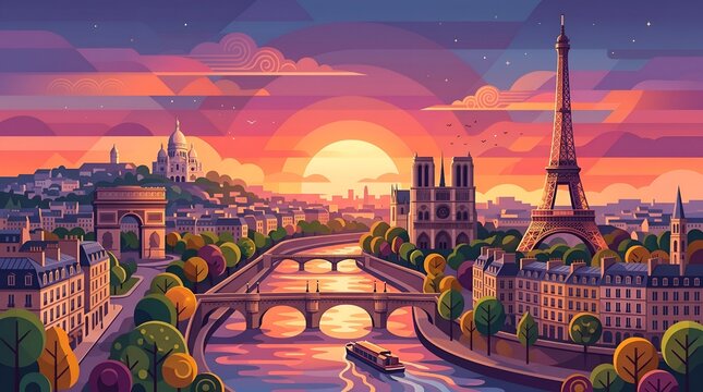Stylized Vector Landscape of Paris with Eiffel Tower and Sunset Skyline