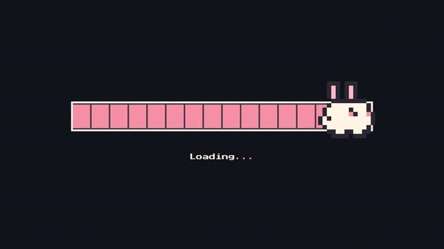 A cute white pixel art bunny walks inside a retro loading bar as the progress increases to 100 percent. Featuring pastel pink progress blocks, animated loading dots, and a solid dark background