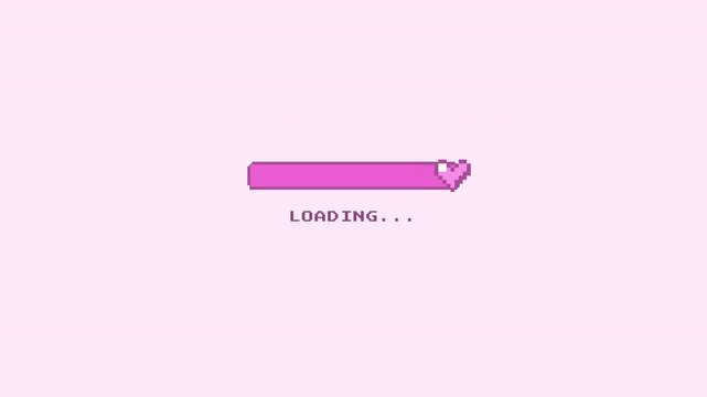 A cute retro pixel art loading animation featuring a pink pixel heart moving along a horizontal progress bar on a soft pastel pink background. With crisp pixel edges, a purple outline,