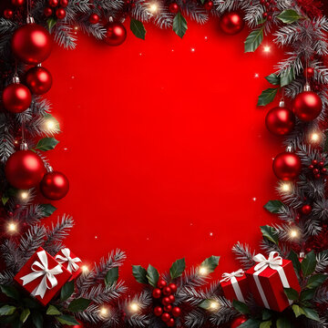 Luxurious Red Christmas Background with Copy Space, Festive Baubles, Tinsel and Gift Boxes

