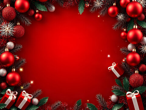 Luxurious Red Christmas Background with Copy Space, Festive Baubles, Tinsel and Gift Boxes

