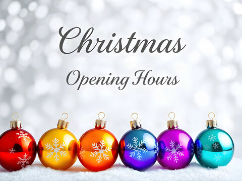 Colorful Christmas Baubles with Snowflakes, Bokeh and "Christmas Opening Hours" Text