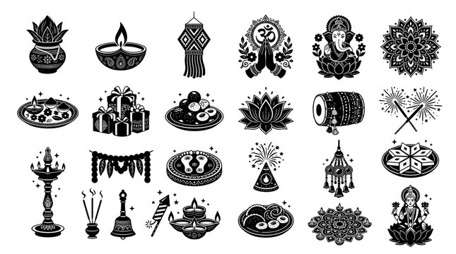 Indian Diwali Festival Black Vector Collection with Lord Ganesha, Goddess Lakshmi, Diyas, Rangoli and Traditional Decorations