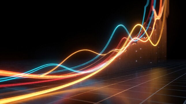 Startup valuation chart shows exponential growth trends. Glowing lines represent rising market value, funding rounds. Colorful financial data graph tracks profit, investment success on dark
