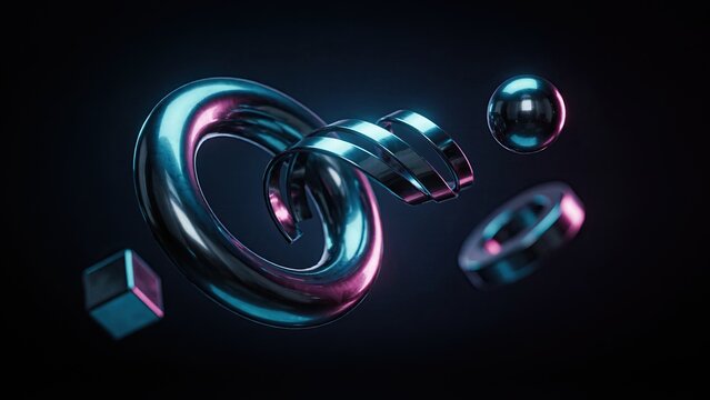Metallic torus and sphere with geometric shapes in neon lighting, abstract render.