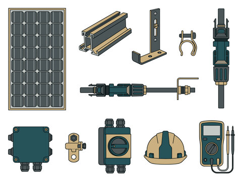 Solar Panel Installation Equipment Icon Set with Mounting Rails MC4 Connectors Junction Box and Multimeter Flat Vector on White Background