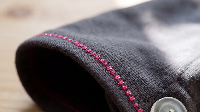 Gray Knit Fabric Edge with Pink Stitching and Button