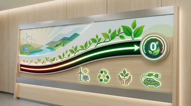 Ecological sustainability concept display showing net zero emissions meter and green leaf growth along dynamic progress tracker illustrating environmental conservation and corporate goals net