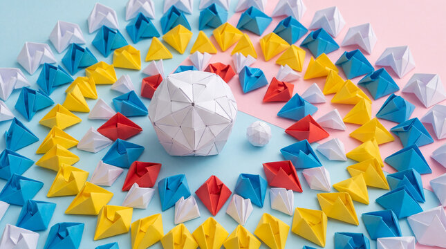 White Faceted Paper Sphere with Colorful Folded Pyramids