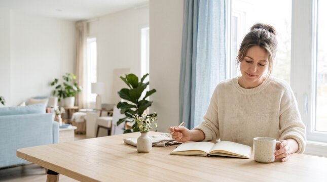 Woman sitting at a wooden table writing in a notebook and holding a mug