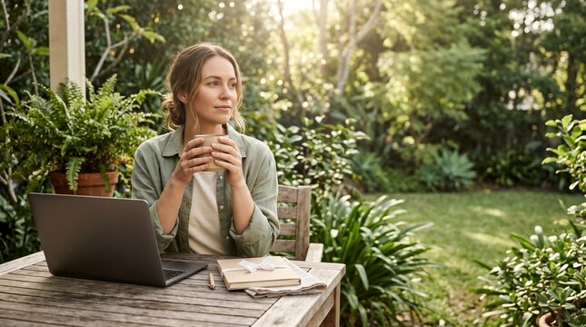 Woman working remotely on laptop in a lush garden holding a cup of coffee