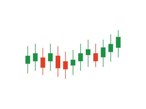 This illustration features a vector of a financial candlestick chart in a flat style against a white background.