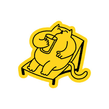 Vector Playful quirky doodle hand drawn illustration, animal mascot and character for coffee shop, cafe, food delivery, packaging, menus and stickers, line art cartoon logo happy cat with cold coffee