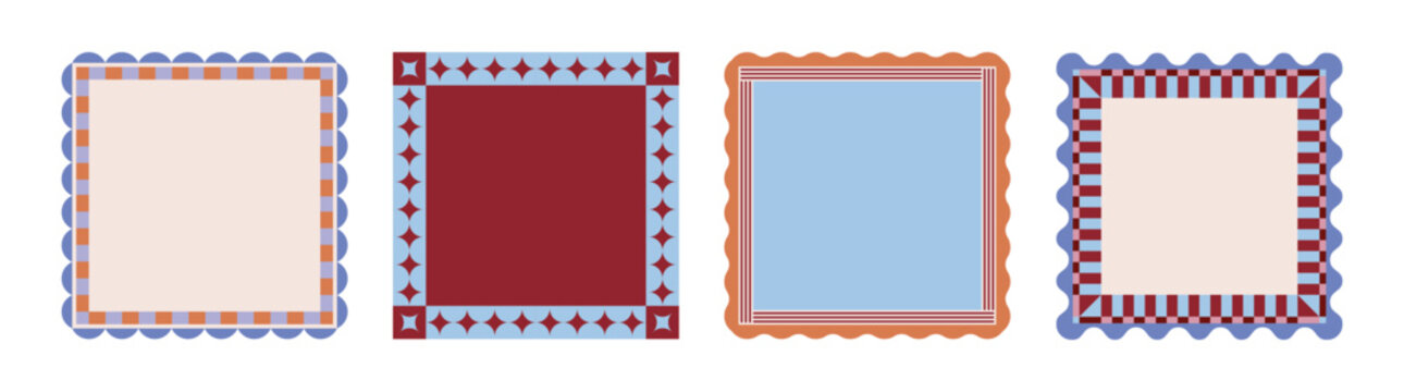 Vector Decorative frame collection featuring geometric borders, checkerboard patterns, scalloped edges, diamond motifs, and star details. Retro inspired frames  for invitations, posters, labels