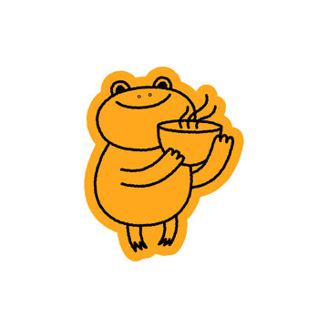 Vector Playful quirky doodle hand drawn illustration, animal mascot and character for coffee shop, cafe, food delivery, packaging, menus and stickers, line art cartoon frog with hot coffee cup