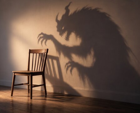 Wooden chair casting giant monster shadow on wall, surreal halloween scene