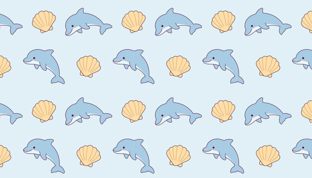 Cartoon blue and yellow dolphin and seashell pattern background