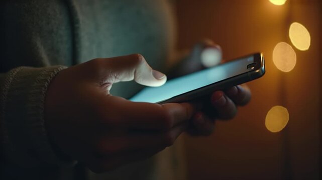 H&auml;nde halten modernes Smartphone in gem&uuml;tlicher Atmosph&auml;re