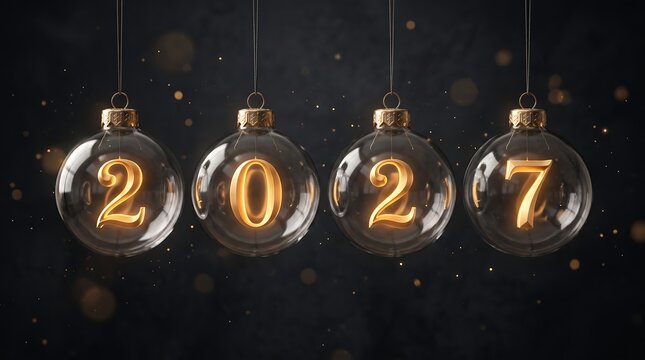 Four hanging glass christmas ornaments with glowing golden numbers representing the upcoming year twenty twenty seven