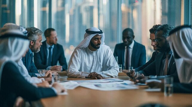 Business leaders meet around a table in a glass office